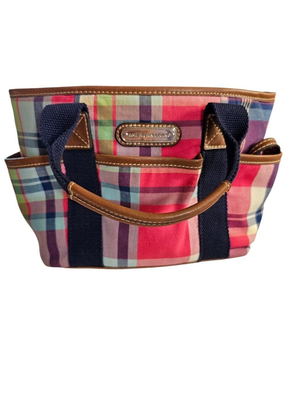 American Living Plaid Tote Purse in Red, Navy & Tan Trim With Snap Closure